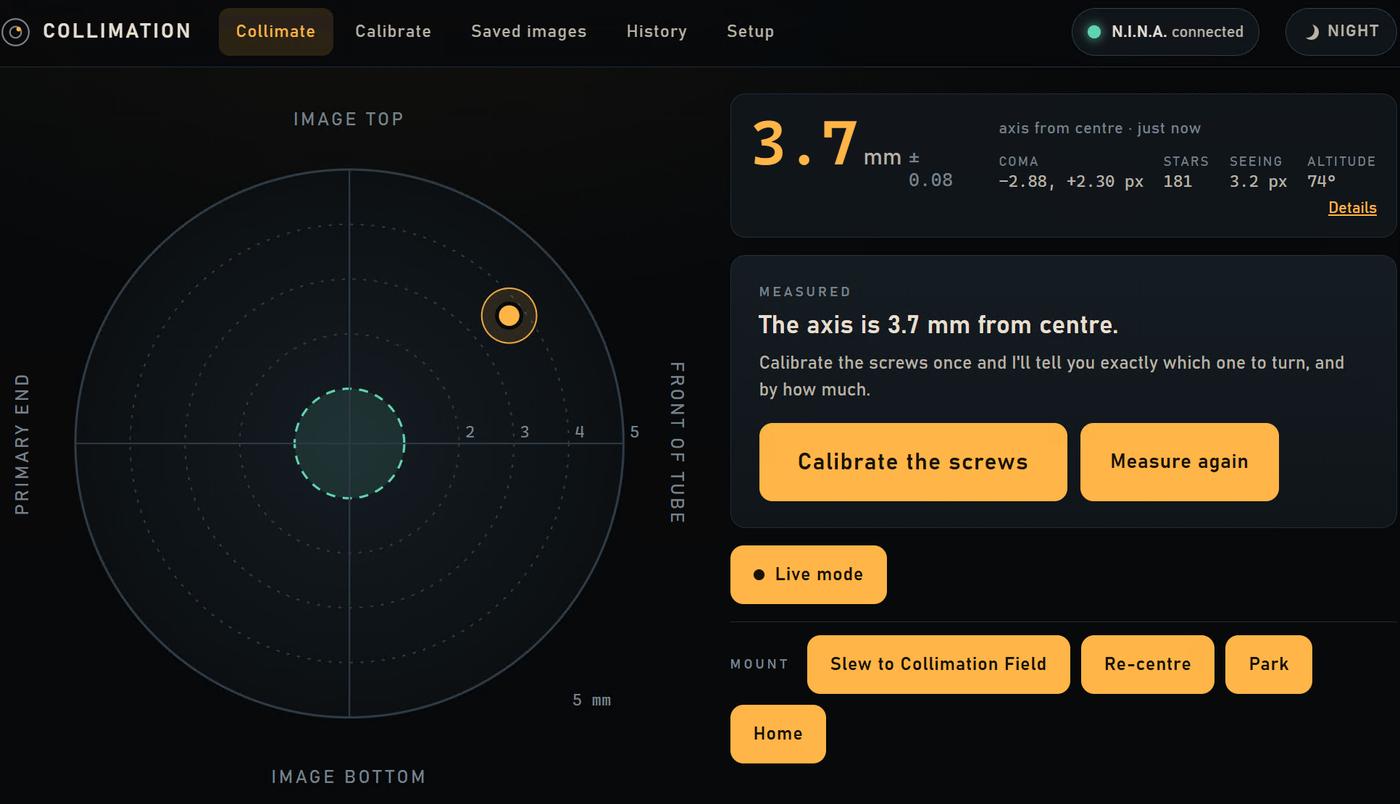 The Collimate screen, showing the primary's axis 3.7 mm from the centre of the sensor