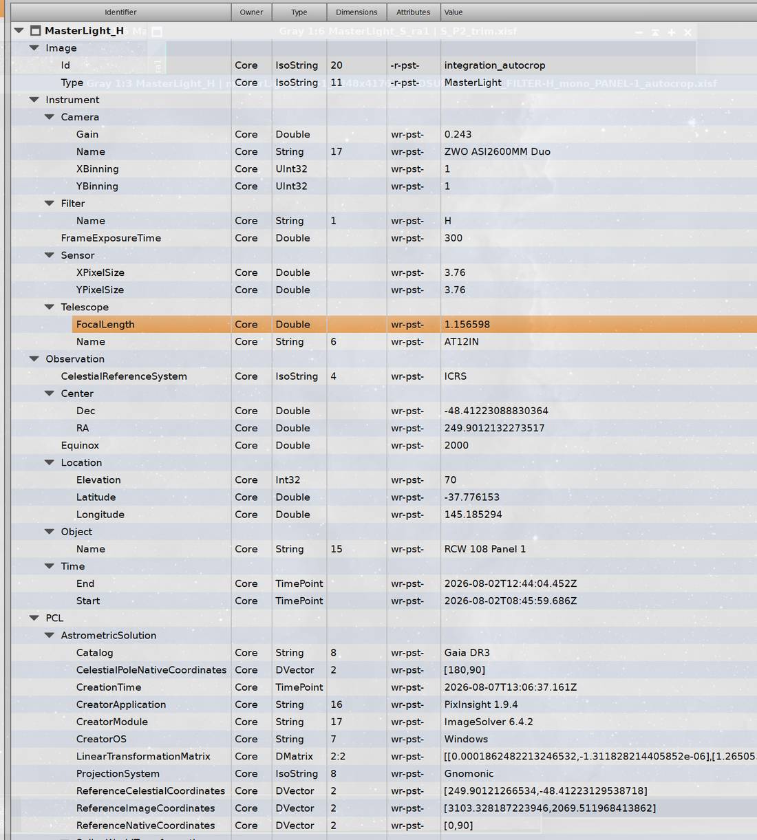 XISF properties showing astrometric solution