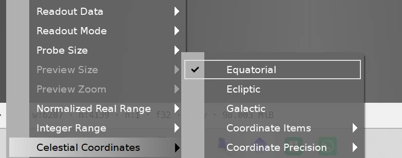 Celestial coordinates readout menu